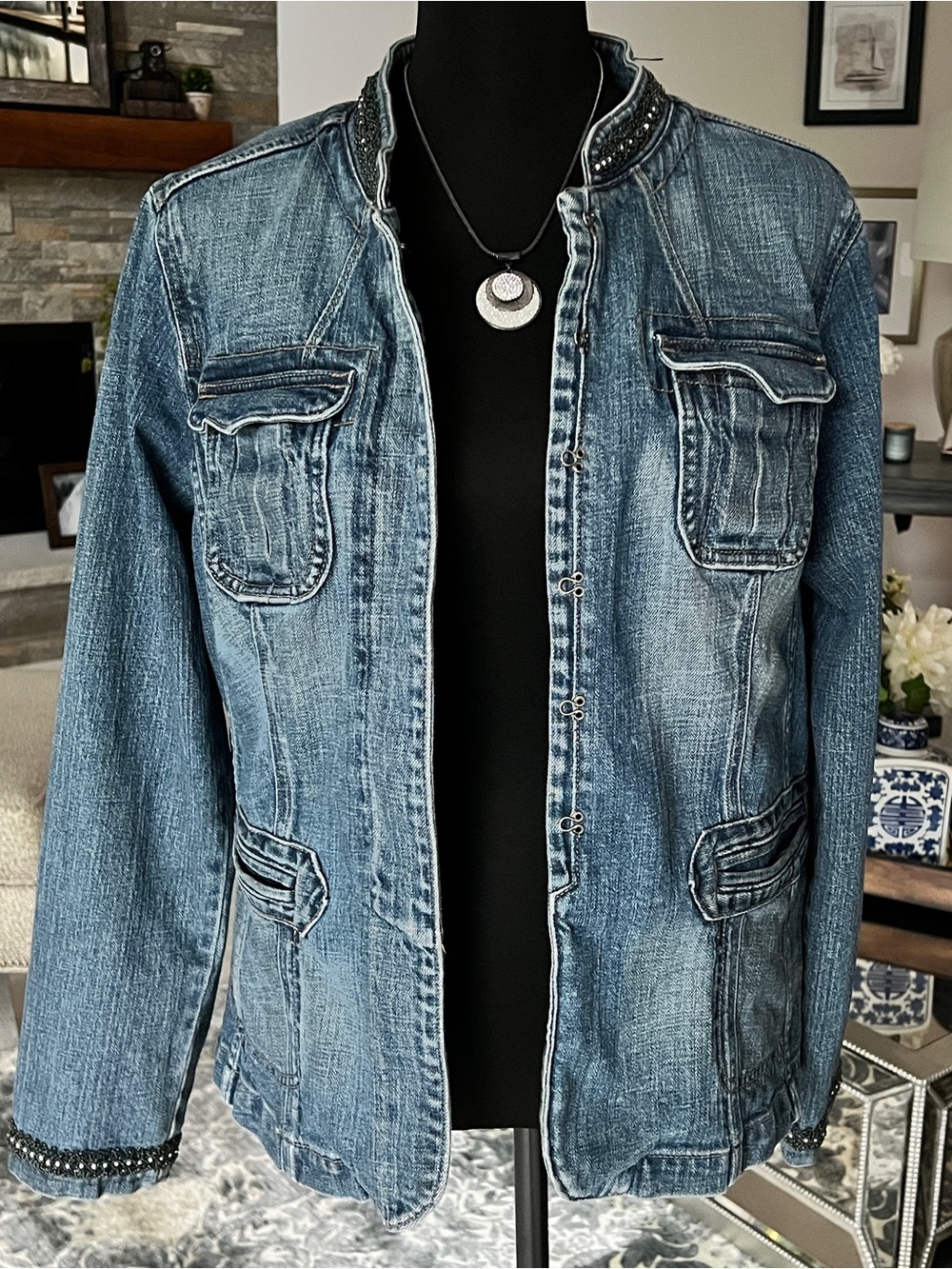 Washed Blue Denim Jacket with Bead-Trim Stand Collar - Picture 8 of 15